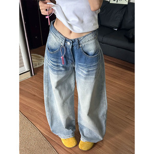 高腰宽松显瘦阔腿拖地镰刀裤 美式 新款 女2025秋季 子 复古弯刀牛仔裤