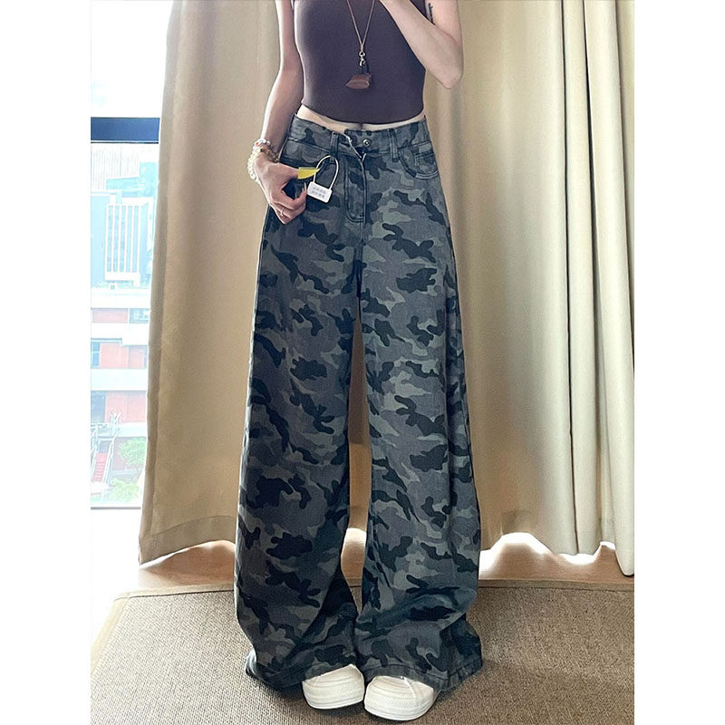 美式复古迷彩工装牛仔裤女秋冬新款胖妹妹mm高腰宽松显瘦阔腿长裤,女装/女士精品,牛仔裤,淘宝优惠券,粉丝福利购,淘宝优惠卷