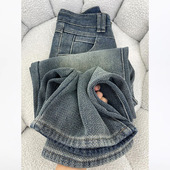 胖妹妹mm梨型身材高腰遮胯显瘦阔腿裤 星空纹麦穗牛仔裤 女秋冬新款