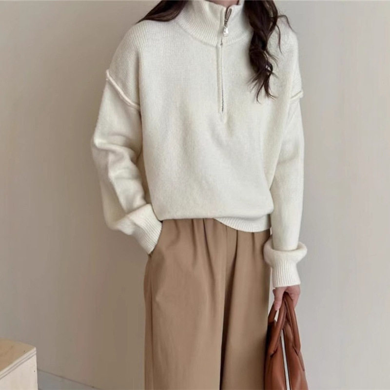 韩版半拉链高领套头毛衣女2025秋冬新款宽松短款高级感针织衫上衣