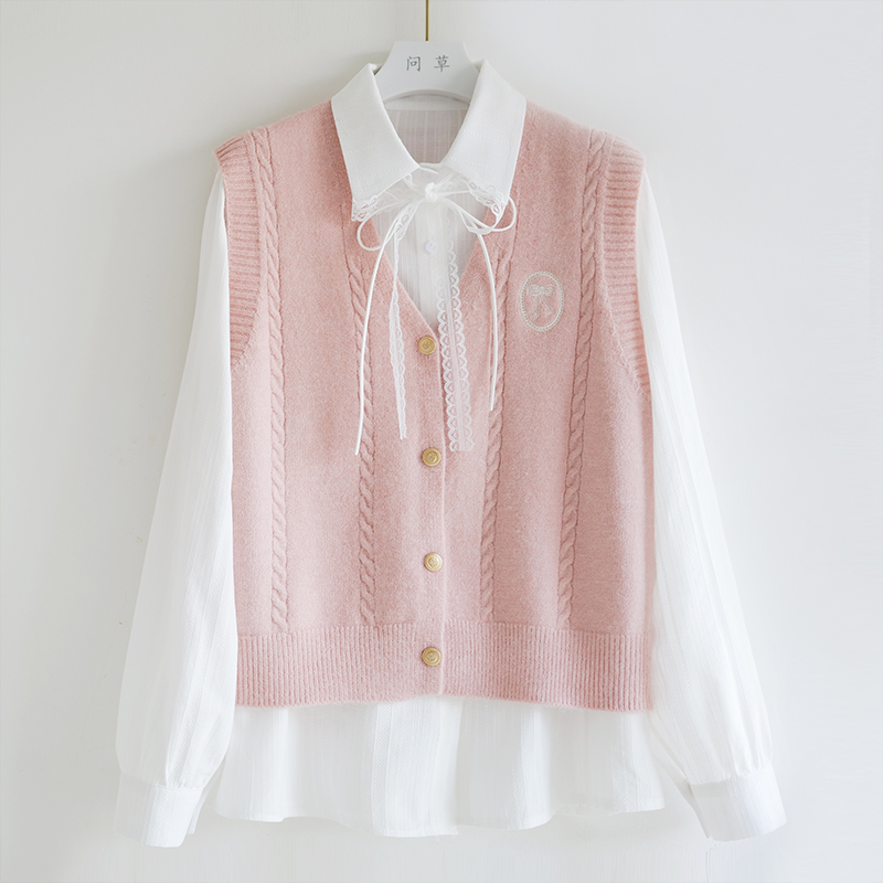 学院风V领针织马甲背心女