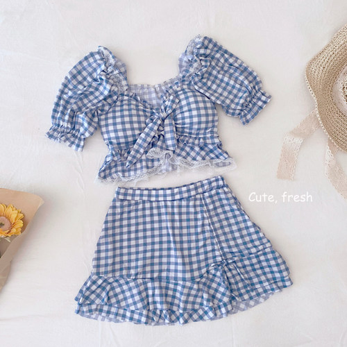 分体遮肚显瘦格子小胸聚拢泳衣