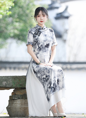 如意风夏季新款中国风奥黛旗袍连衣裙民国复古修身显瘦裙子24R006