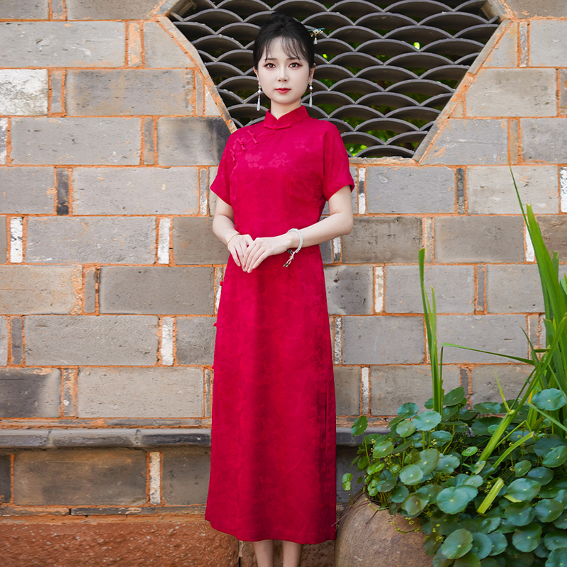 如意风夏季新款红色送考旗袍连衣裙新中式简单气质改良旗袍25R623