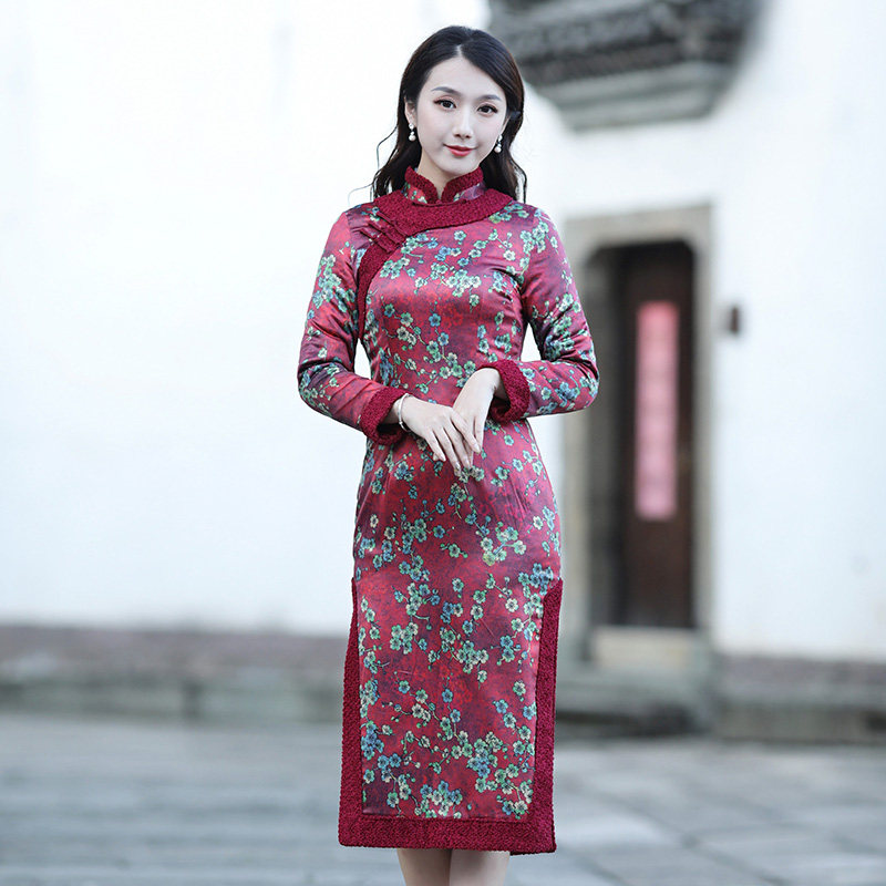 修身显瘦旗袍冬款加厚显瘦改良版连衣裙过年旗袍小袄夹棉保暖女装