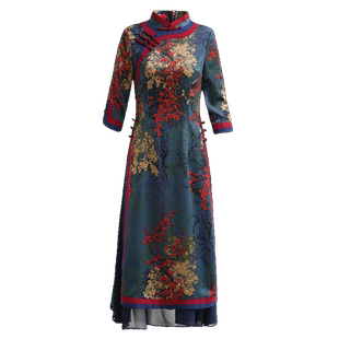 如意风秋装改良奥黛旗袍连衣裙长袖收腰气质显瘦复古民族风长裙子