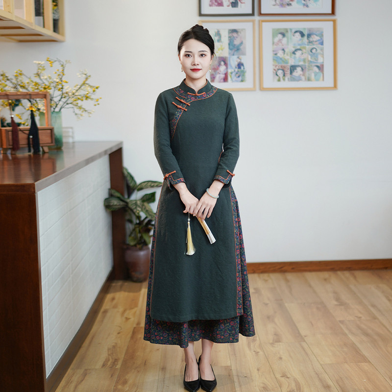 如意风冬季新款民国复古改良旗袍裙女新中式气质中长款旗袍24R683