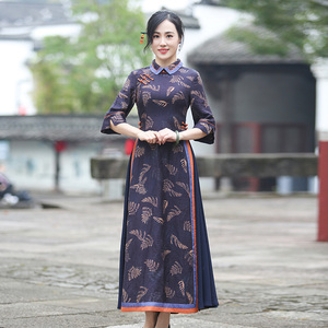 如意风奥黛旗袍中国风气质春秋新款连衣裙立领花色长裙中式女装