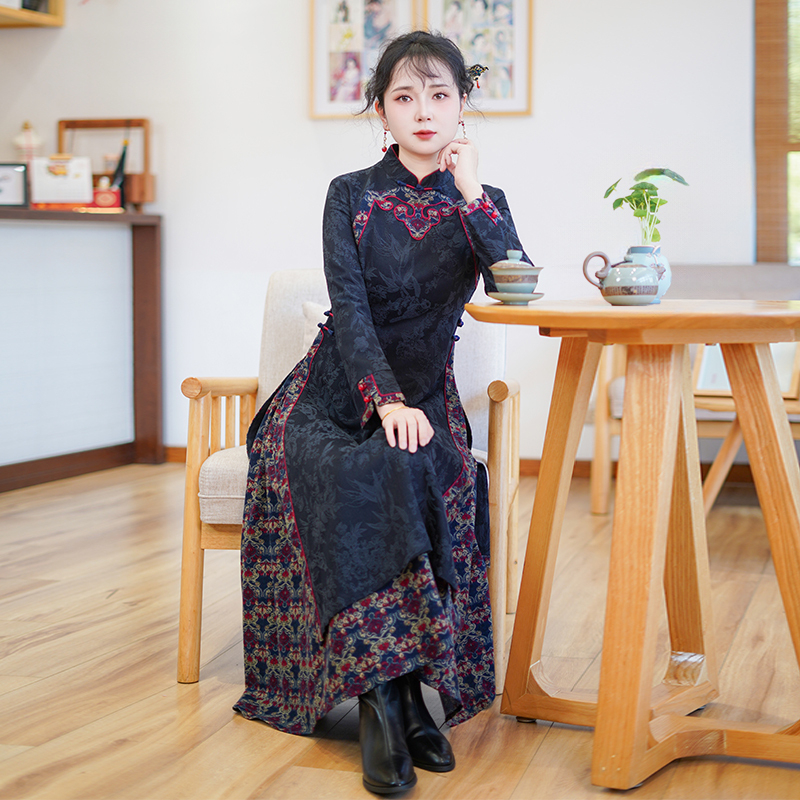 如意风新款中式国风连衣裙修身收腰漂亮长款奥黛改良旗袍女25R711