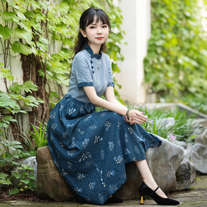 如意风夏季新款盘扣女士连衣裙收腰短袖复古显瘦改良旗袍女装裙子