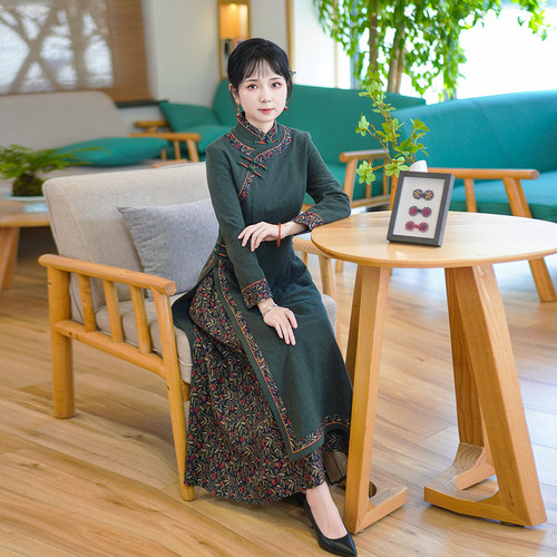 如意风秋季新款中国风奥黛旗袍连衣裙民国复古修身舒适裙子24R600