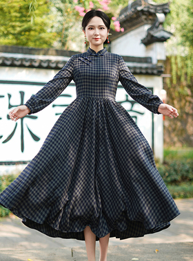 如意风秋季新款修身显瘦长袖连衣裙复古新中式国风旗袍裙子25R706