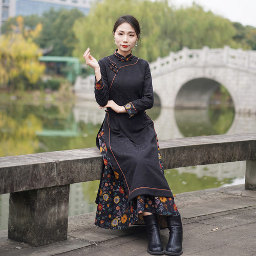 如意风冬季新款民国复古改良旗袍裙女新中式优雅中长款旗袍24J481