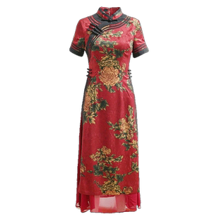 如意风奥黛款旗袍改良版连衣裙女夏季短袖收腰显瘦盘扣长款裙子