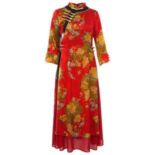 如意风越南旗袍秋季改良奥黛连衣裙女装休闲复古年轻款裙子23R004