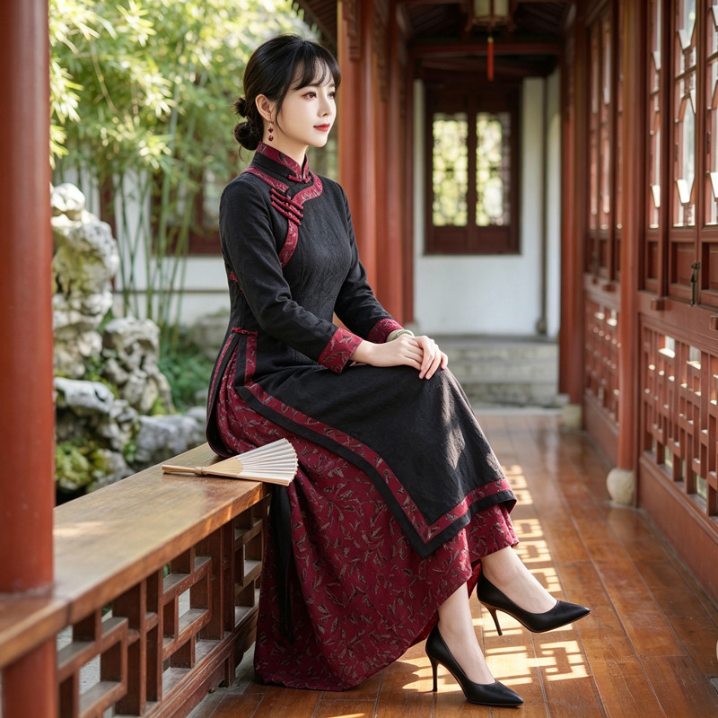如意风2026新款中国风奥黛旗袍秋季大气收腰显瘦气质连衣裙26R734