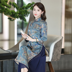 如意风越南旗袍裙改良奥黛连衣裙春秋长袖修身气质复古时尚长裙