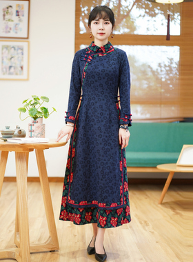 如意风旗袍改良长袖秋季新款日常改良复古长款高端连衣裙子23J252