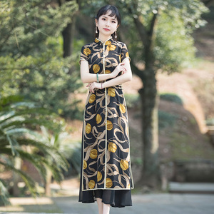 如意风改良旗袍连衣裙女夏装妈妈款短袖洋气复古时尚日常可穿裙子
