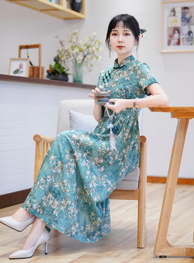 如意风夏季新款轻薄透气改良旗袍连衣裙气质新中式素雅长裙24J006