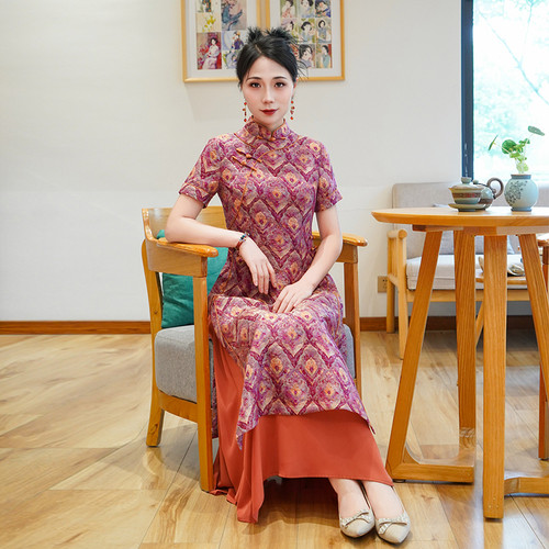如意风中国风奥黛旗袍夏季新款中式收腰显瘦复古气质连衣裙26R712