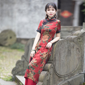 如意风奥黛款旗袍改良版连衣裙女夏季短袖收腰显瘦盘扣长款裙子