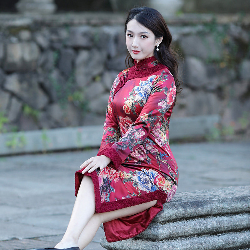 如意风旗袍冬款加厚改良版连衣裙复古修身法式年轻款民族风女装