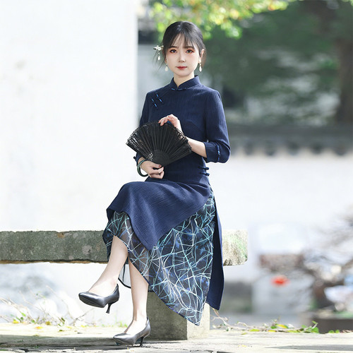 如意风新中式奥黛旗袍女春季长款日常通勤复古修身显瘦国风连衣裙