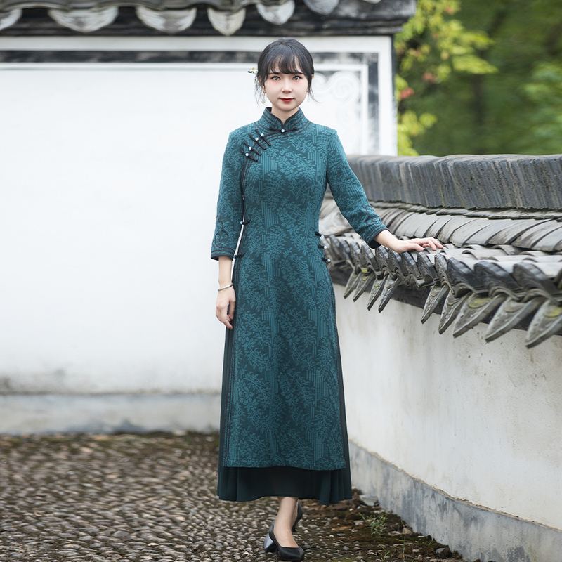 如意风奥黛旗袍女收腰显瘦减龄复古气质年轻款中国风连衣裙24J031