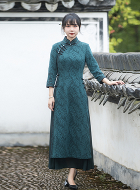 如意风奥黛旗袍女收腰显瘦减龄复古气质年轻款中国风连衣裙24J031