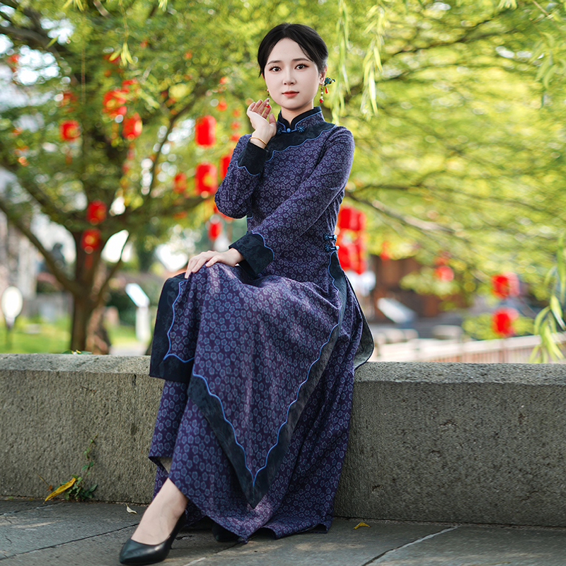 如意风秋季新款复古新中式改良奥黛旗袍高端修身显瘦长裙女25R653
