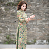 复古时尚 改良奥黛旗袍连衣裙年轻款 越南正宗盘扣收腰显瘦长袖 裙子
