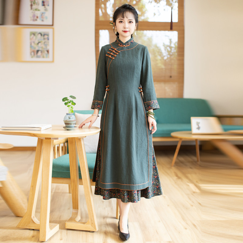 如意风奥黛旗袍中国风新款长袖日常妈妈装收腰显瘦连衣裙 23J227