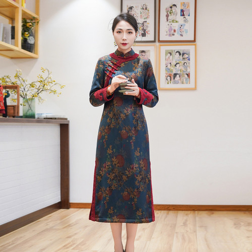 如意风冬季新款民国复古改良旗袍裙女中式优雅气质长款旗袍24R702