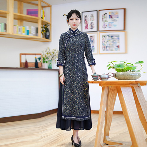 如意风秋季新款复古改良旗袍裙女新中式优雅气质中长款旗袍24J104