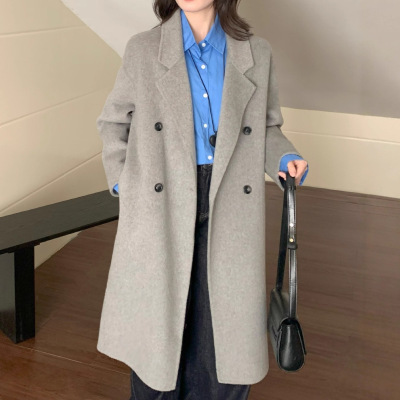 灰色羊毛双面羊绒大衣女中长款2025新款呢子加厚毛呢冬季外套女