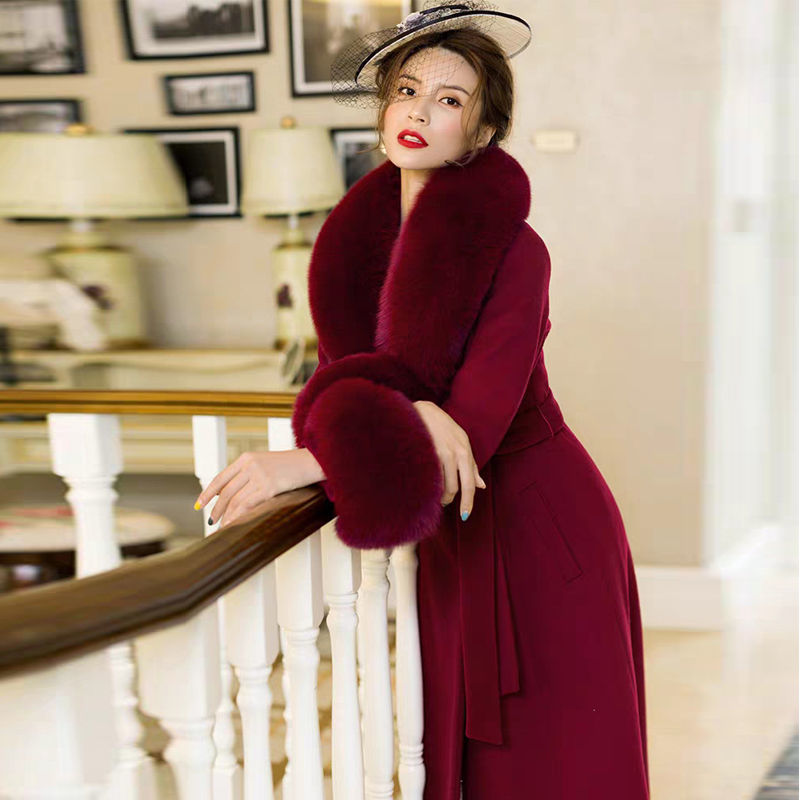 羊毛绒大衣女冬季新款进口双面呢面料过膝带腰带狐狸毛领修身外套