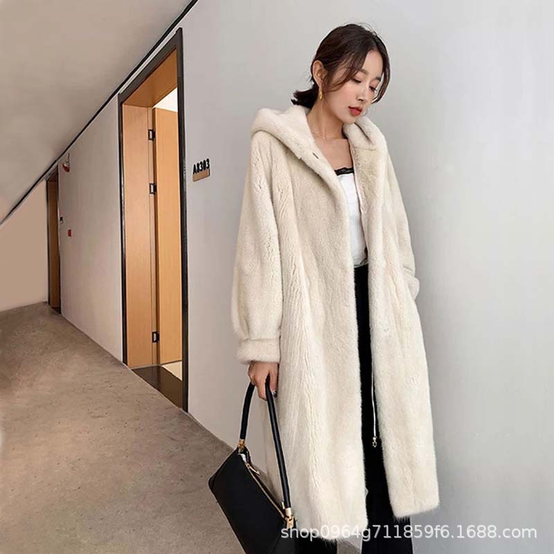 25年冬季女仿水貂毛加长款大衣加厚保暖连帽大码宽松裘皮外套轻奢