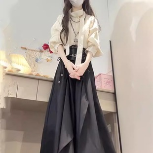 学院风秋季新款设计感不规则半身裙裤腰封搭配杏色衬衫上衣套装女
