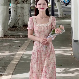 韩系甜美高级感方领短袖 显瘦气质温柔风A字长裙 连衣裙女夏季 新款