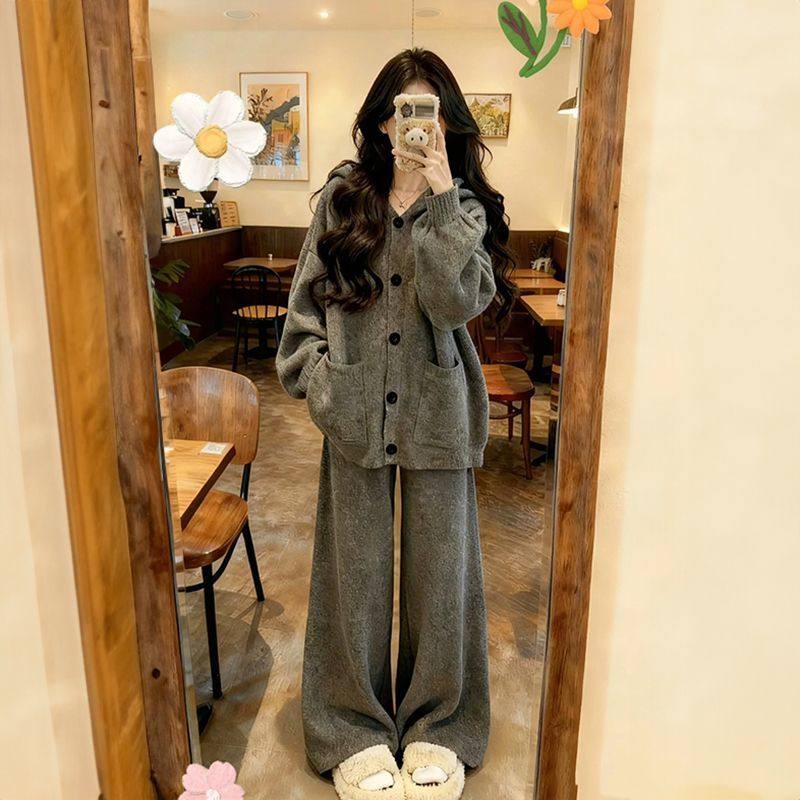 韩系复古慵懒风灰色连帽针织开衫阔腿裤两件套女冬季休闲穿搭套装