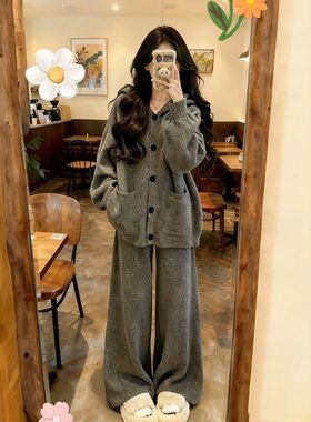 韩系复古慵懒风灰色连帽针织开衫阔腿裤两件套女冬季休闲穿搭套装