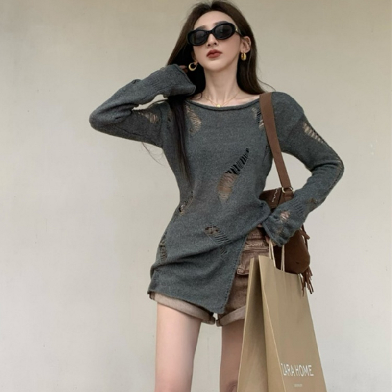 港味防晒罩衫女春秋慵懒风薄款外搭破洞灰色毛衣设计感针织衫上衣