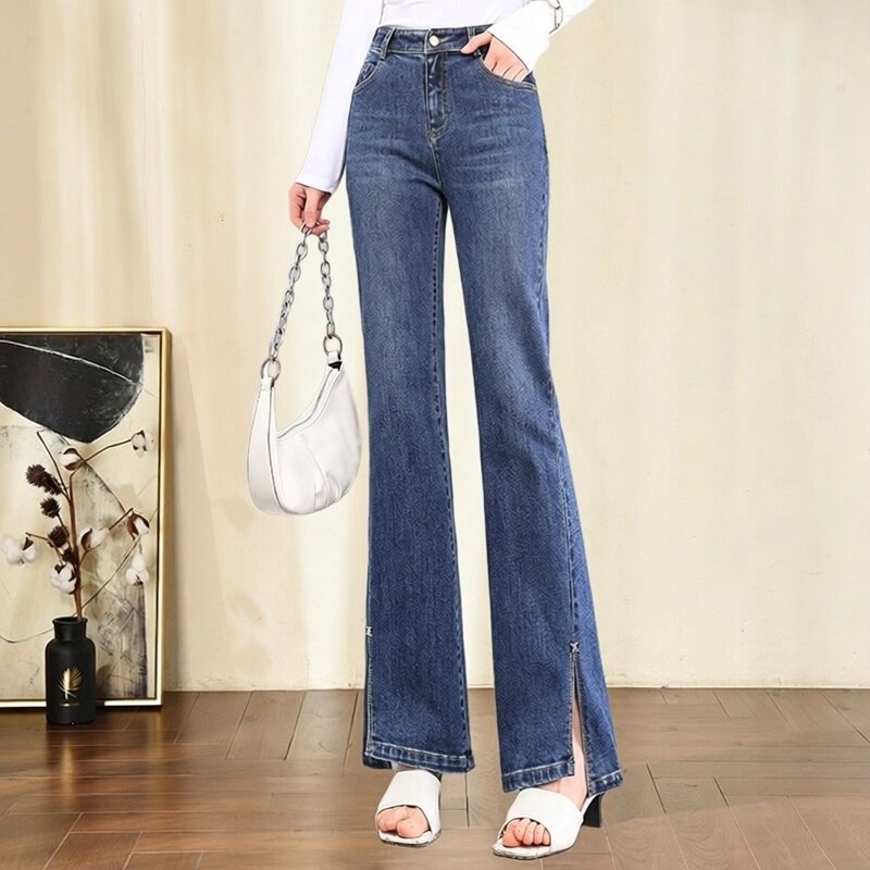 开叉牛仔微喇裤女2026春秋季新款高腰修身显瘦大码喇叭休闲长裤子