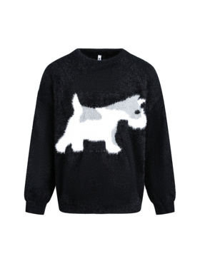 2025设计感仿貂毛小狗印花圆领显瘦套头黑色毛衣女秋冬打底衫女潮