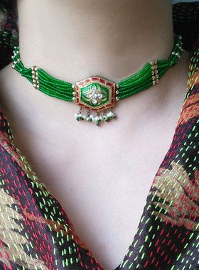 印度绿色珐琅彩描金流苏礼物项链