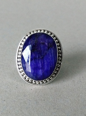 欧美风天然紫色蓝宝石印度银戒指
