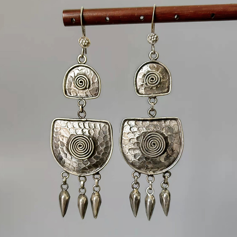 波西米亚民族风925纯银耳饰时尚复古质感螺旋纹长款流苏耳环女式