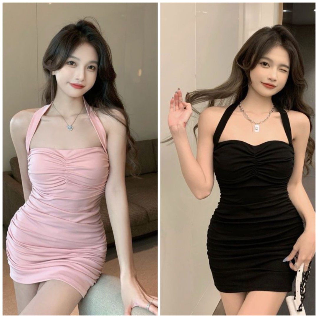 纯欲风性感挂脖抹胸连衣裙女心机连衣裙