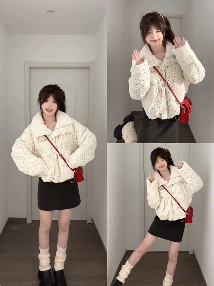 2026年新款波点小个子棉服女短款羊羔绒加厚甜美棉袄冬季好看外套